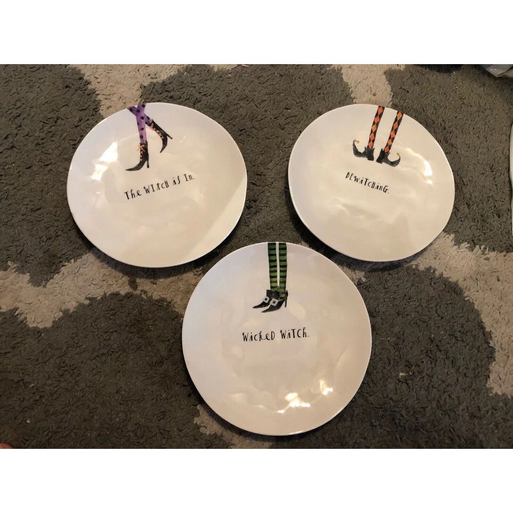 Rae Dunn WITCHES FEET Halloween 8" Melamine Salad Plates Set of 3 NEW Witch Brew